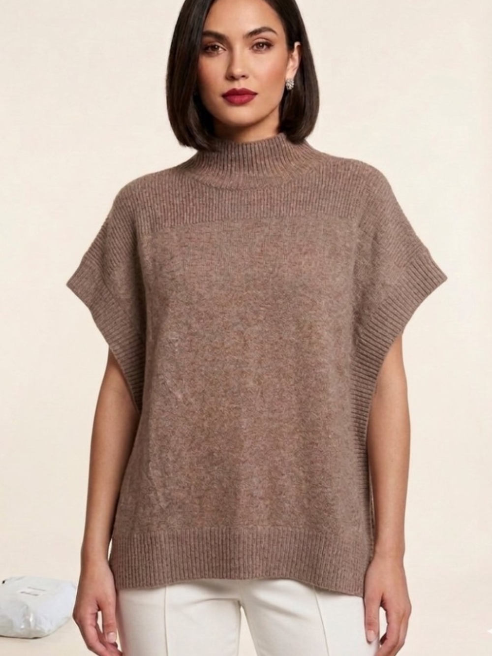 Isaac Mizrahi 100% Cashmere Mock Neck Poncho Oversized Sweater Brown Heather